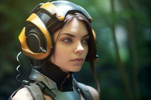 a woman in a futuristic suit with headphones on generative AI photo