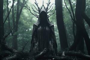 un mujer en un encapuchado túnica soportes en el medio de un oscuro bosque generativo ai foto