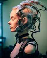 un mujer en un futurista traje con alambres adjunto a su cabeza generativo ai foto