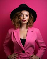 a woman in a pink suit and hat posing against a pink background generative AI photo