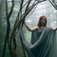 a woman in a gray dress standing in a forest generative AI photo