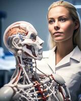 a woman in a lab coat is looking at a model of a human body generative AI photo