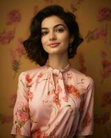 un mujer en un rosado floral vestir posando en frente de un floral pared generativo ai foto