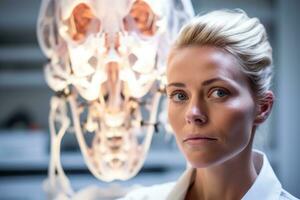 un mujer en un laboratorio Saco es mirando a un esqueleto generativo ai foto