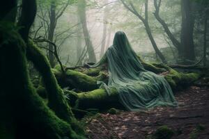 a woman in a green dress sitting on a log in a forest generative AI photo