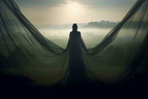 a woman in a long dress standing in front of a foggy landscape generative AI photo