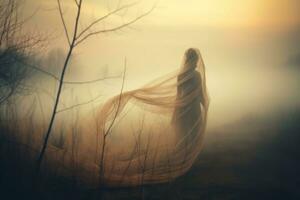 a woman in a long veil is standing in a foggy field generative AI photo