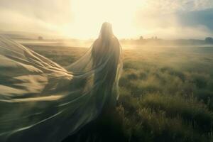 a woman in a long dress walking through a field with the sun in the background generative AI photo