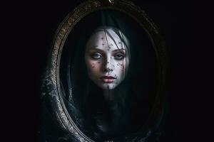 un mujer en un espejo con oscuro maquillaje en su cara generativo ai foto