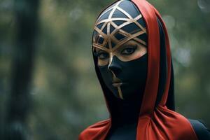 a woman in a red and black costume with a gold mask generative AI photo