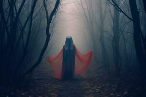 a woman in a red cloak is walking through the woods generative AI photo