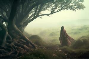 a woman in a red cloak is walking through a foggy forest generative AI photo