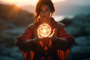 a woman in a red dress holding a glowing orb generative AI photo