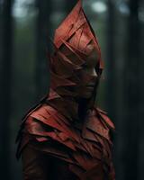 a woman in a red hooded dress with leaves on her face generative AI photo