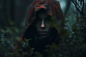 a woman in a red hoodie in the woods generative AI photo