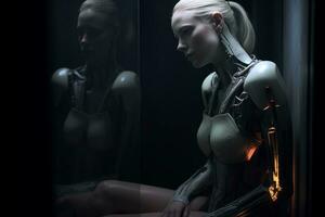 a woman in a robot suit sitting in a dark room generative AI photo