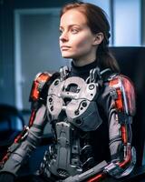 a woman in a robot suit sitting in an office chair generative AI photo