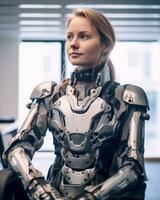 a woman in a robot suit sitting in a chair generative AI photo