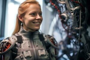 a woman in a robot suit smiling at the camera generative AI photo