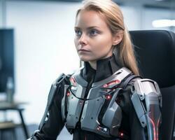 a woman in a robot suit sitting in an office generative AI photo