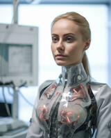 un mujer en un robot traje en pie en frente de un computadora generativo ai foto