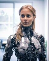 a woman in a robot suit standing in an office generative AI photo