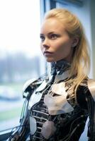 a woman in a robot suit standing in front of a window generative AI photo
