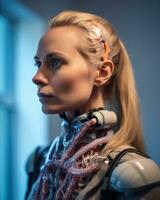 a woman in a robot suit standing in front of a window generative AI photo