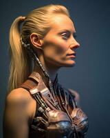 a woman in a robot suit with her hair tied up in a ponytail generative AI photo