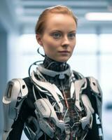 a woman in a robot suit standing in front of a window generative AI photo