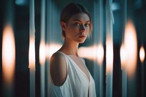 a woman in a white dress is standing in front of some lights generative AI photo