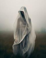 a woman in a white dress standing in a foggy field generative AI photo