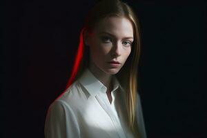 a woman in a white shirt and red light generative AI photo