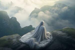 a woman in a white robe sits on top of a mountain generative AI photo