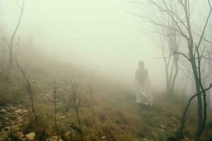 un mujer en un blanco vestir caminando mediante el bosque en un brumoso día generativo ai foto