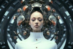 a woman in a white shirt is surrounded by a bunch of metal objects generative AI photo