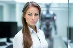 a woman in a white shirt standing in front of a computer generative AI photo