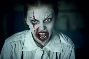 un mujer en un blanco camisa con sangre en su cara generativo ai foto