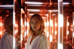 a woman in a white shirt standing in front of red lights generative AI photo