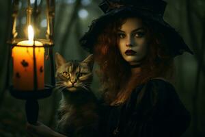 a woman in a witch costume holding a cat generative AI photo