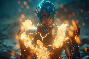 a woman in an armor suit with fire coming out of her hands generative AI photo