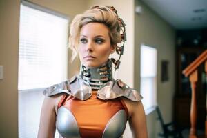 a woman in an orange and silver bodysuit generative AI photo
