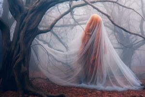 un mujer en un naranja vestir en pie en un brumoso bosque generativo ai foto
