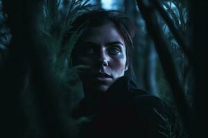 un mujer en el bosque a noche generativo ai foto