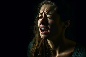 un mujer es llorando en el oscuro generativo ai foto