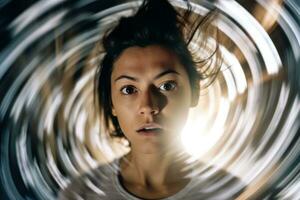 a woman is looking into the camera in a circular motion generative AI photo