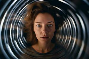 a woman is looking into the camera in a circular tunnel generative AI photo