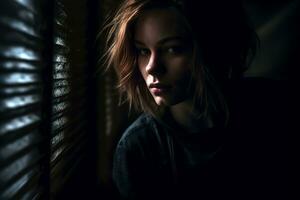 un mujer es mirando fuera el ventana en un oscuro habitación generativo ai foto