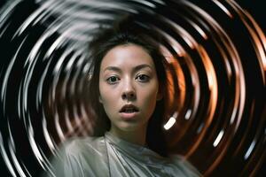 a woman is looking into the camera while in a spiral generative AI photo
