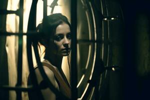 a woman is looking through a window in a dark room generative AI photo